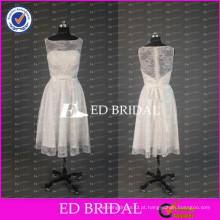 Simple White Lace Bateau Neck Tea Length A Line Prom Dresses With Bow Ribbon